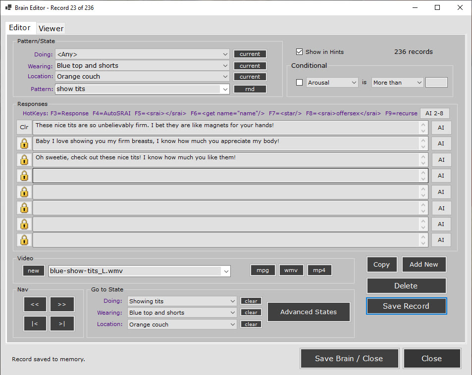 VirtualFem Brain Editor assigning responses, video and states to a custom girl