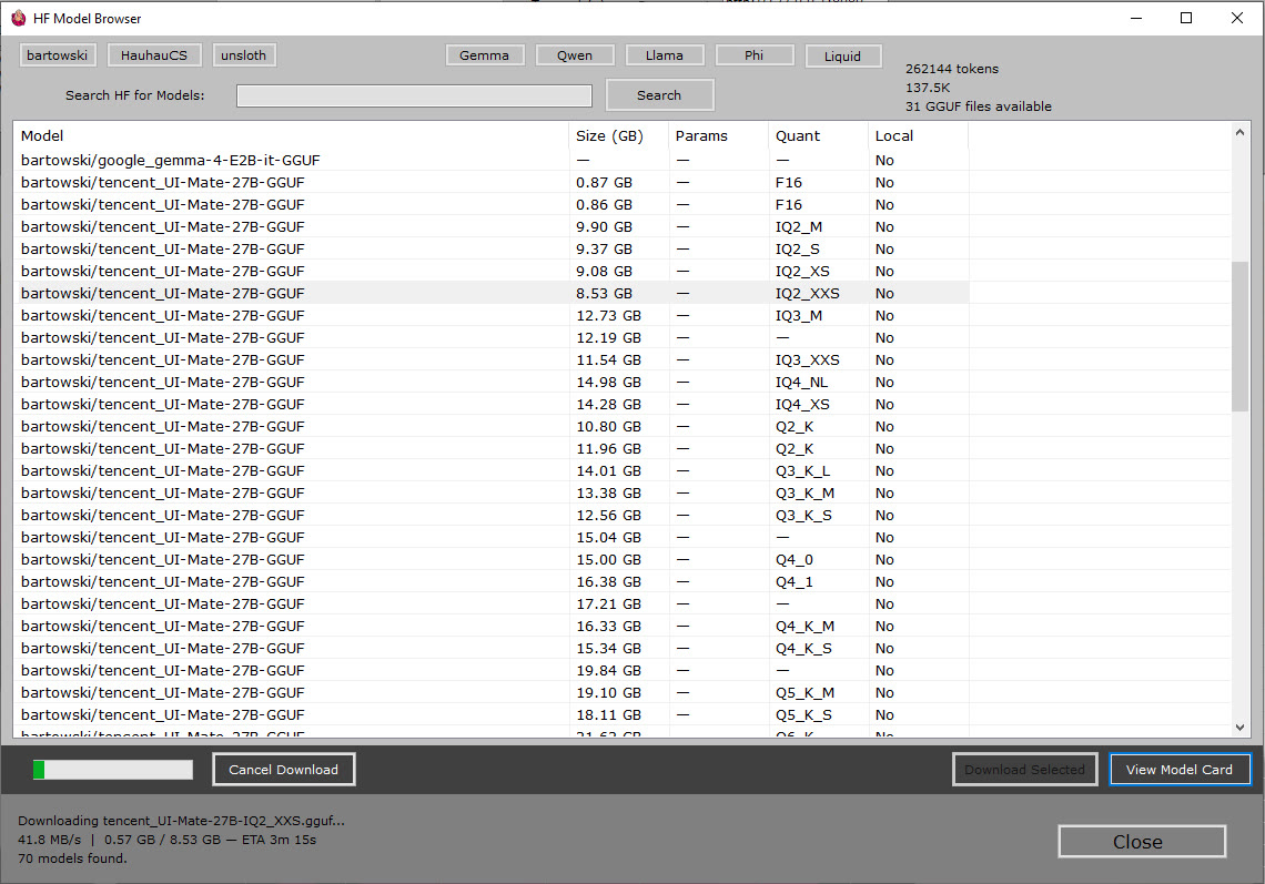 VirtualFem Hugging Face model downloader showing GGUF models and download progress