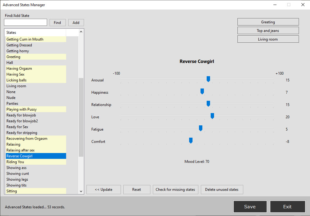 VirtualFem Advanced States Manager controlling arousal, happiness, relationship, love, fatigue and comfort