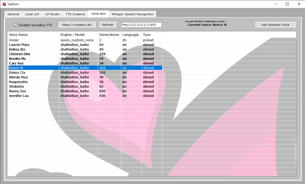 VirtualFem VoiceBox options showing local TTS voices and model selection